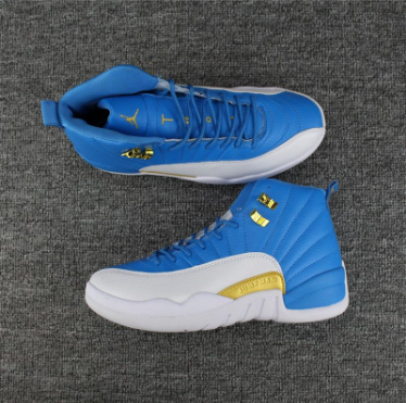 New Air Jordan 12 White Blue Gold Shoes - Click Image to Close